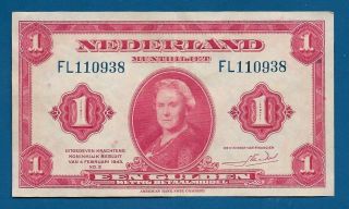 Netherlands 1 Gulden 1943 P64 Vintage Queen Wilhelmina Ww2 Era Eto Wartime Note