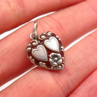 Antique Victorian 925 Sterling Silver Red Enamel Repousse Heart Charm Pendant