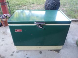 Vintage Coleman Metal Cooler Ice Chest Large Size Green Old Camping 22 1/2x16x13