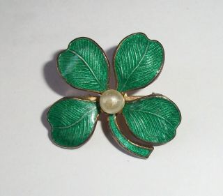 Vintage Green Guilloche Enamel Shamrock 4 - Leaf Clover Pin Faux Pearl Brooch