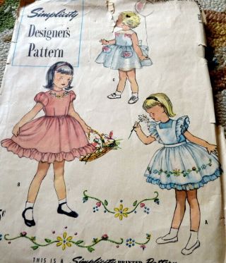 Lovely Vtg 1950s Girls Embroidered Dress & Pinafore Sewing Pattern 1
