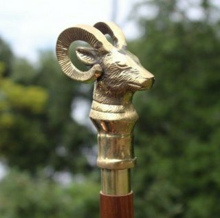 Antique Brass Heavy Mountain Goat Handle Brown Wood Walking Stick Cane Vintage