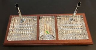 Vtg Waterford Crystal & Wood Base Executive Paperweight Pen & Pencil Holder Ec