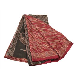 Sanskriti Vintage Dark Red Saree Pure Silk Printed Sari Craft Decor 5Yd Fabric 3