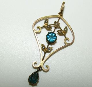Stunning,  Antique Victorian 9 Ct Gold Pendant With Aqua Tourmaline & Seed Pearls