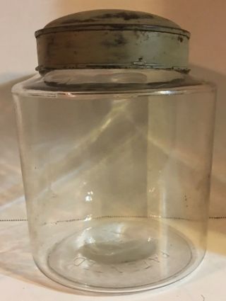 Early Antique Apothecary Blown Glass Pantry Storage Jar Tin Dome Lid