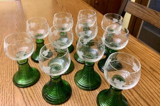 11 Vtg Green German Roemer Wine Crystal Goblets Etched Glass Grapes & Leaves