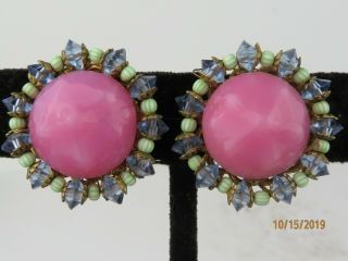 Rare Vintage Signed Miriam Haskell Bubble Gum Pink Clip Earrings