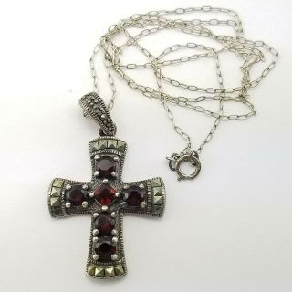 Vintage Sterling Silver Cross Necklace Pendant.  925 Chain 19 " Marcasite Ruby Red
