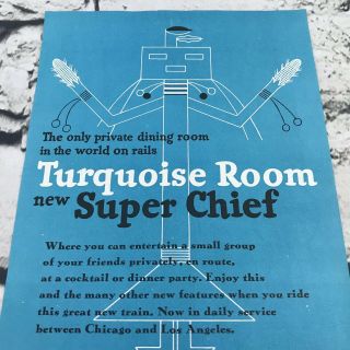 Vtg 1951 Print Ad Santa Fe Railroad Chief Turquoise Room advertising Art 2