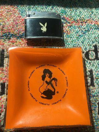 Vintage Playboy Club Orange Glass Ashtray,  Bunny Head Lighter From St Louis