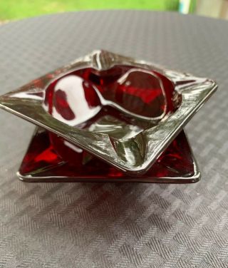 Anchor Hocking 2 Royal Ruby Red Glass Ashtrays Vintage 1960s Small Square