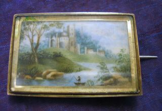 Unusual Antique Victorian Silver Brooch With Hand Painted Landscape