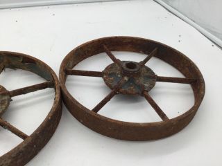 Vintage Pair Cast Iron 10 " Wheels Industrial Factory Cart Table Hit Miss