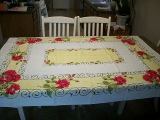 Vintage Red Rose Pattern Cotton Tablecloth 50 " X 66 " Red Yellow Black Cute