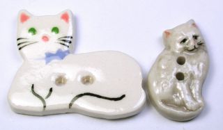 2 Vintage Porcelain Buttons Hand Painted Kitty Cat Realistic 7/8 To 1 & 1/8 "