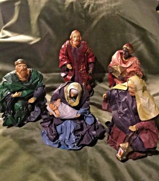 Traditional Vintage Nativity Figures.  Five Hand Made & Painted Figures
