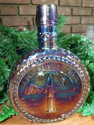 Carnival Glass Apollo Soyuz Bottle Decanter Flask Iridescent Blue Vintage 1975