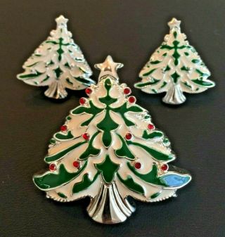 Vtg Christmas Tree Demi - Parure Brooch/pendant Earrings Pierced Rhinestones Ename