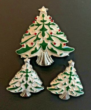 Vtg CHRISTMAS TREE Demi - Parure Brooch/Pendant Earrings Pierced Rhinestones Ename 2