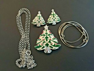 Vtg CHRISTMAS TREE Demi - Parure Brooch/Pendant Earrings Pierced Rhinestones Ename 3