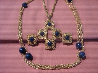 Vintage Sarah Coventry Double Necklace & Earring Set " Victoria Blue " 1975