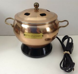 Vintage Electric Potpourri Cooker Enameled Aluminum Pot Brass Plated Handles