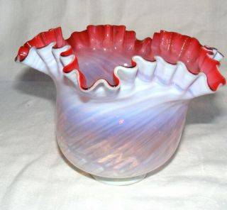 Antique Cranberry Swirl Opalescent Ruffled Glass Oil Lamp Shade