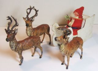Antique Cast Metal Reindeer & Santa In Sleigh Putz Germany