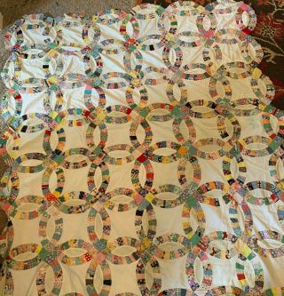 Antique Vintage Quilt Top Scrappy Double Wedding Ring Muslin Feedsack 62x68