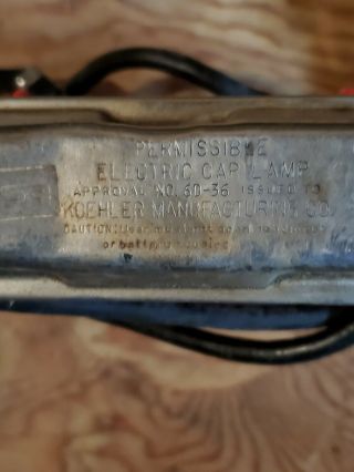Vintage Koehler Permissible Electric Cap Lamp w/ Wheat 4V Battery MSHA USA Light 3
