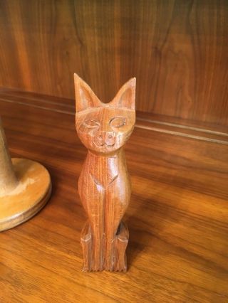 Vintage Wood Teak Cat Statue Figure 7” Mid Century Wooden Hand Carved
