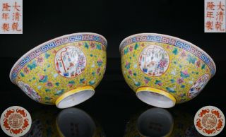 Fine Pair Antique Chinese Famille Rose Porcelain Bowl Qianlong Mark 19th C