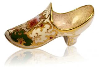 Antique Coalport Jeweled Scenic Green Gold Gilt Porcelain Slipper Shoe Gorgeous