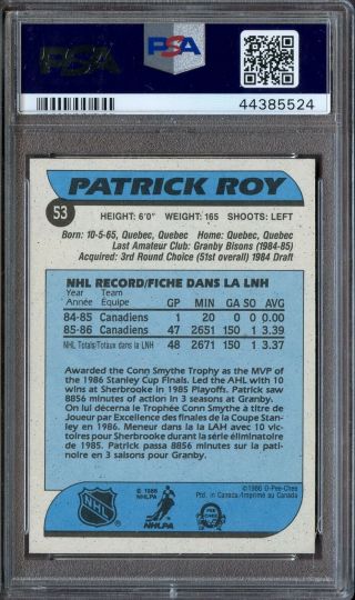 1986 O - Pee - Chee OPC 53 Patrick Roy Canadiens RC Rookie HOF PSA 8 NM - MT 2