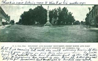 Monument & Street Scene,  1907,  Mt Carroll,  Illinois,  Vintage Postcard