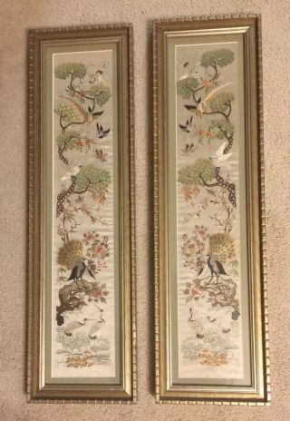 2 Antique Chinese Silk Stitch Embroidery Framed Mirror Image Panels