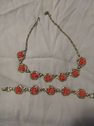 Vintage Signed Sarah Coventry Faux Coral Rose Flower Necklace & Bracelet Set