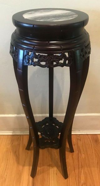 Vintage Asian Rosewood Carved Plant Stand With Marble Top.