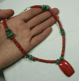 Vintage Red Coral Heishi Turquoise Bead Necklace Sterling Silver Clasp 13.  5 - 18 "
