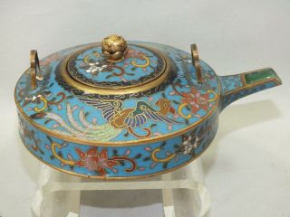 A Chinese Cloisonne Small Tea - Pot With Gilt - Wire Bird Decoration Signed 19thc