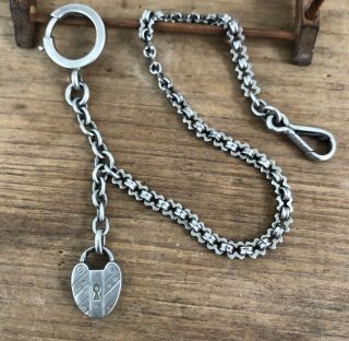 Antique Sterling Silver Watch Chain With Heart Lock Fob