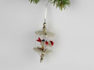 Vintage Wire Wrap Christmas Ornament Glass,  Spun Cotton,  Bird In A Cage.