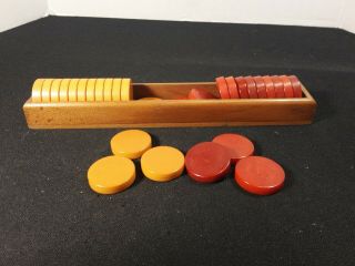 True Vintage Red Catalin And Butterscotch Bakelite Backgammon Chips In Wood Tray