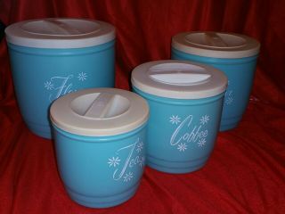 Vintage Unmarked Canister Set Of 4 Turquoise Plastic Canisters With White Lids
