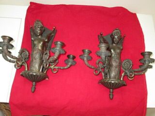 Two 1890 French Bronze Louis Xv Antique Wall Sconces 4 Candle Holder Winged Lady
