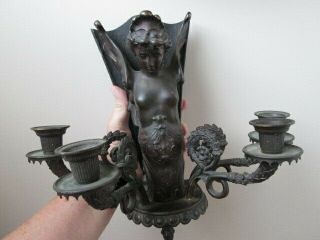 Two 1890 French Bronze Louis XV Antique Wall Sconces 4 Candle Holder Winged Lady 2