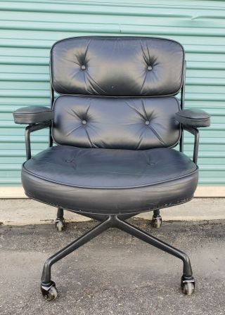 1) Eames Herman Miller Time Life Chair Blue Leather With Rare Black Frame