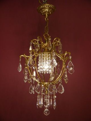 Small Lead Crystal Brass Chandelier Ceiling Lamp Old Home Decor