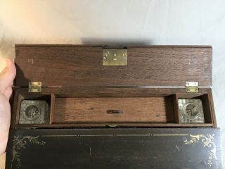 Antique Wood Writing Lap Desk Locking With Inkwells 3